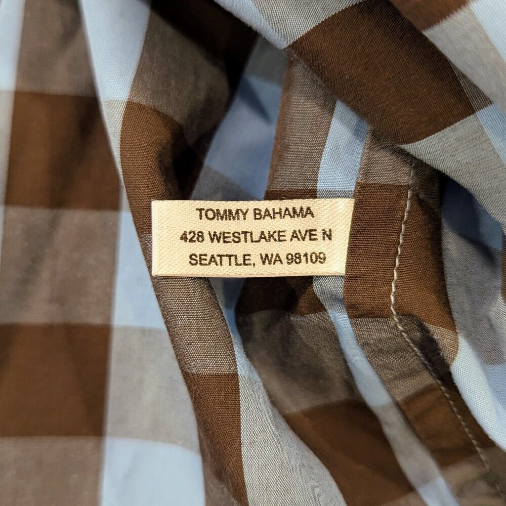 TOMMY BAHAMA Pima Cotton Shirt XXL Blue Brown Checkered Print Button Up Shirt - Picture 8 of 10